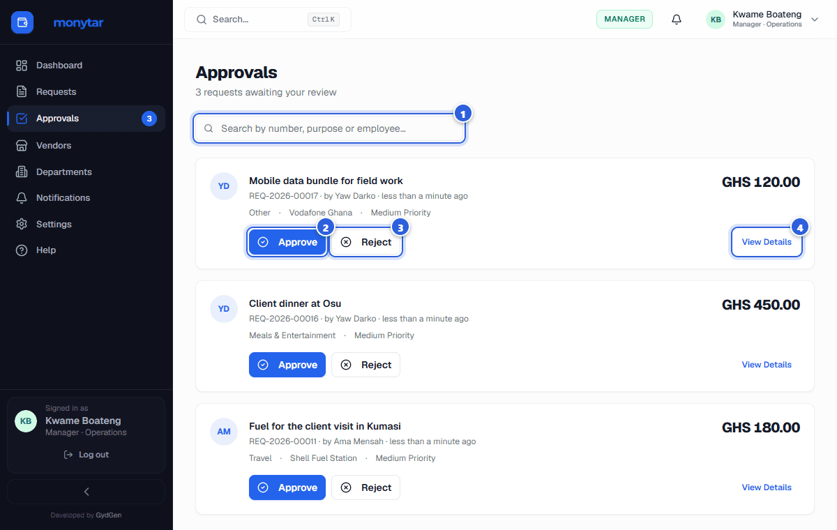 Approvers see what's waiting — and decide in a click